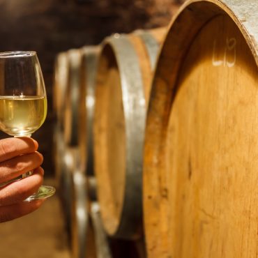 Hand holding a glass of cold white wine in front of oak barrels